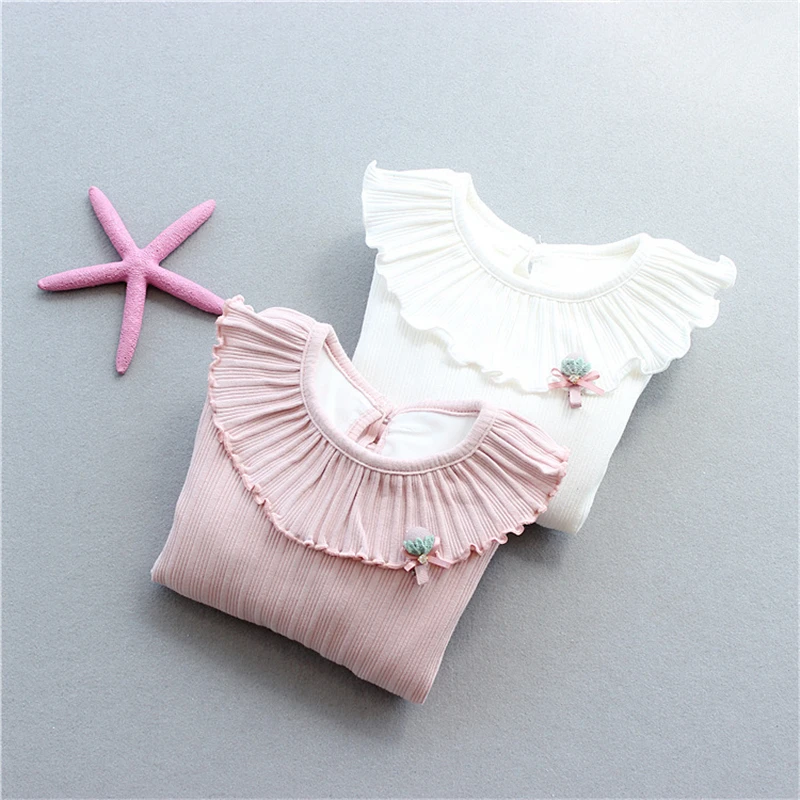 Girls Doll Collar Bottoming Shirt Simple Tees Candy Color Lovely Baby Children Fall Cotton Tops cute clothing |