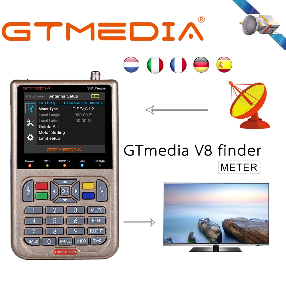 Gtmedia freesat V8 детектор спутникового приемника цифровой измеритель сигнала HD ТВ