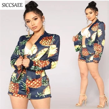 

Pineapple Printed Two Piece Set Blazer And Shorts Sets Office Lady Work Wear Elegant Bodysuit Cardigan Bike Shorts Fall 2018