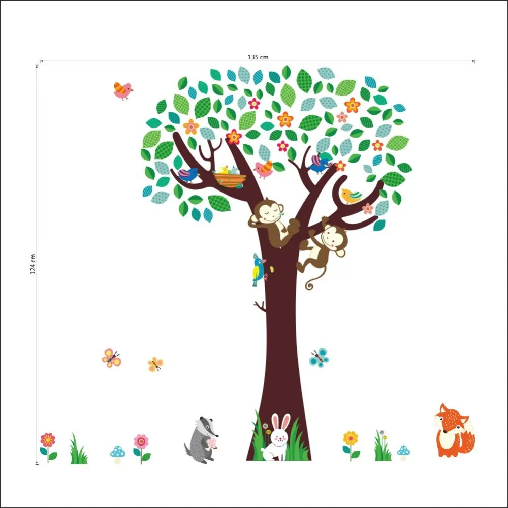 Decorativo bambini camere nursery bedroom decor scimmie uccelli animali volpe albero wall stickers casa della decal ania manifesto murale carta da parati