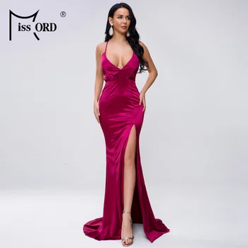 

Missord 2020 Women Sexy Deep V Off Shoulder Backless Female High Split Solid Color Maxi Elegant Dress FT19458-2