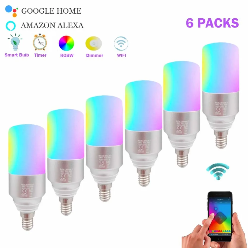 

Smart Led Light Bulb E27 RGBW Color Change Dimmable Smart Light Bulb Dimmable WiFi Smart Bulb for ALexa Google Home(6Packs)