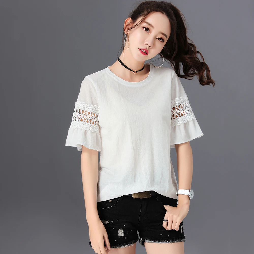 

New Italy style short sleeve cotton t shirt women solid stitching fashion female t-shirt plus size round neck tshirt ladies