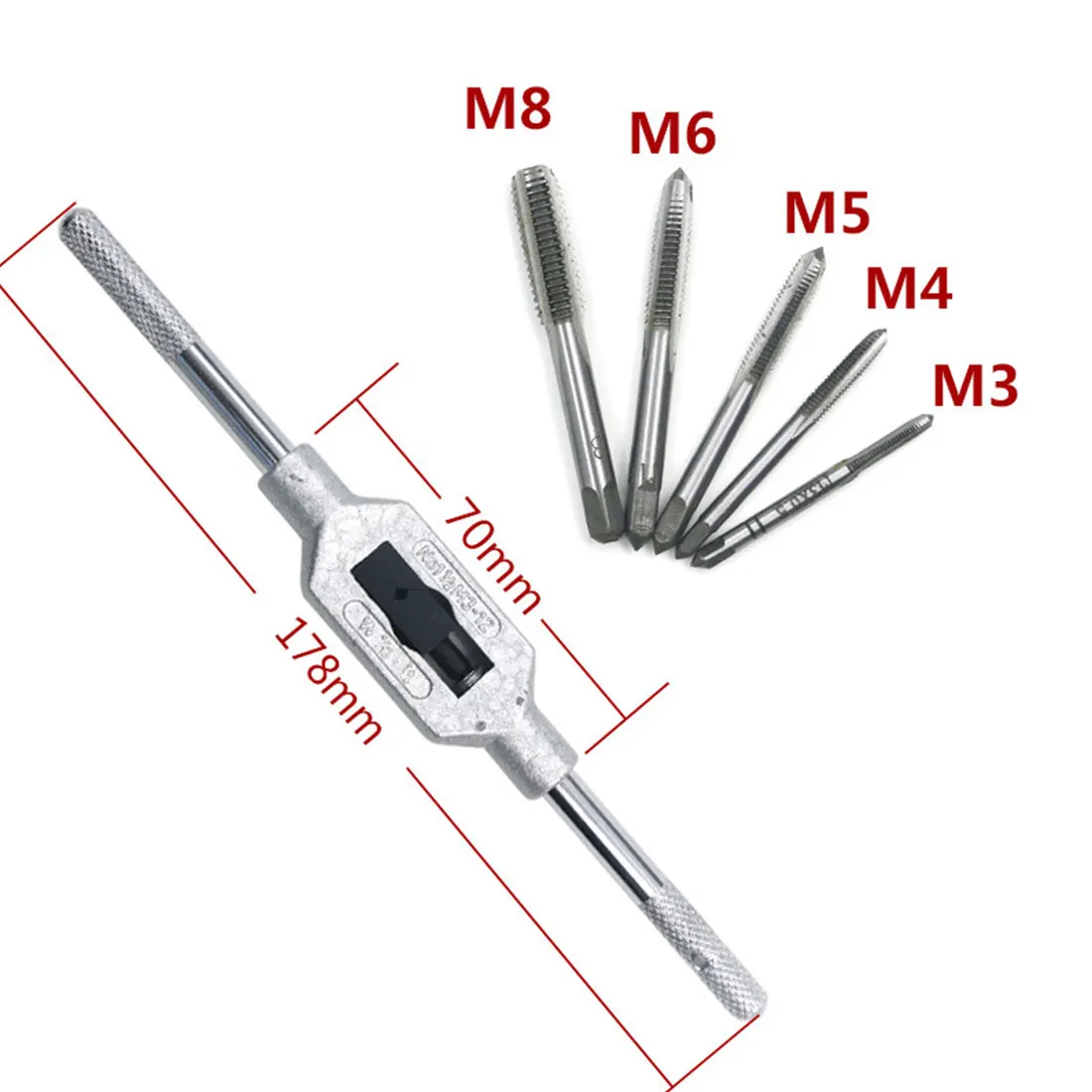 

New 6pcs/set 3F Hand Screw Thread Metric Plug Tap Set M3 M4 M5 M6 M8 With Adjustable Tap Wrench 1/16-1/2"