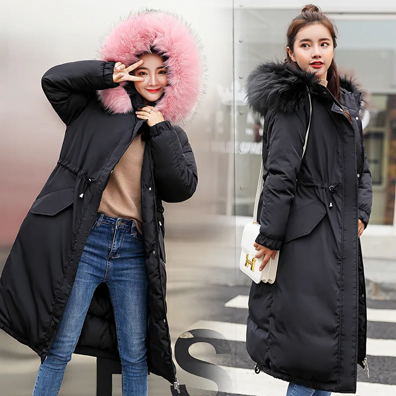 

2018 Winter Warm Hooded Fur Collar Thicken Warm Long Jacket Plus Size Loose Parkas Solid Colors Female Outerwear