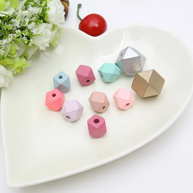 

WD036(10), 15/20mm Mix Colorful Gold/Silver Polygon Faceted Spacer Teether Wooden Beads For Jewelry Making DIY Nacklace Bracelet