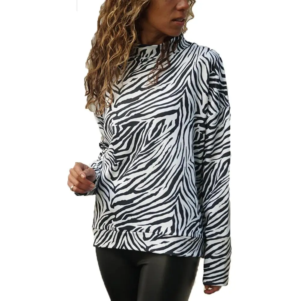 

Autumn Winter Fashion Zebra Stripe Women Casual Loose T-Shirt Mock Neck Slim Female Office Streetwear Long Sleeve T Shirts Top