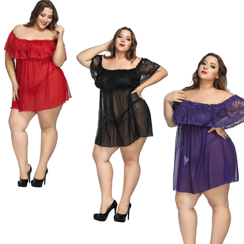 

Kakaforsa Women Plus size Lingerie Nightdress 3XL Slash neck Solid Lace Nightgowns Nightwear Sexy Babydolls Night dress costume