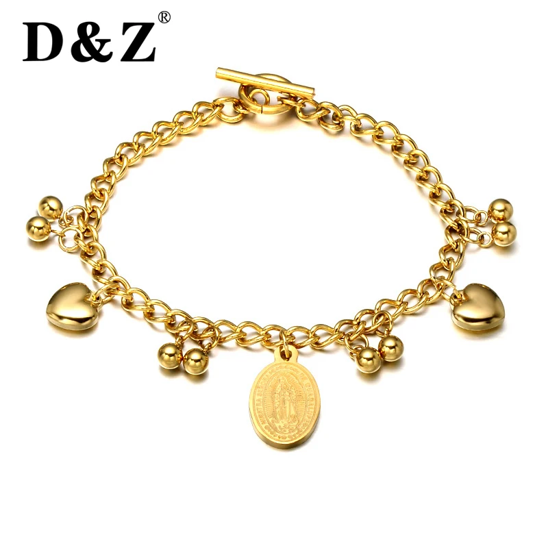 

D&Z Religious Virgin Mary Gold Color Bracelet Bagle Stainless Steel Charm Beads Heart Lover Bracelets for Women Jewelry gift