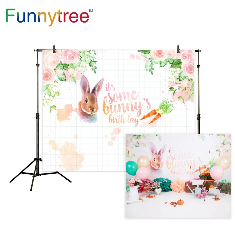

Funnytree birthday professional photography background flower rabbit carrot Easter animal photographic backdrop printed