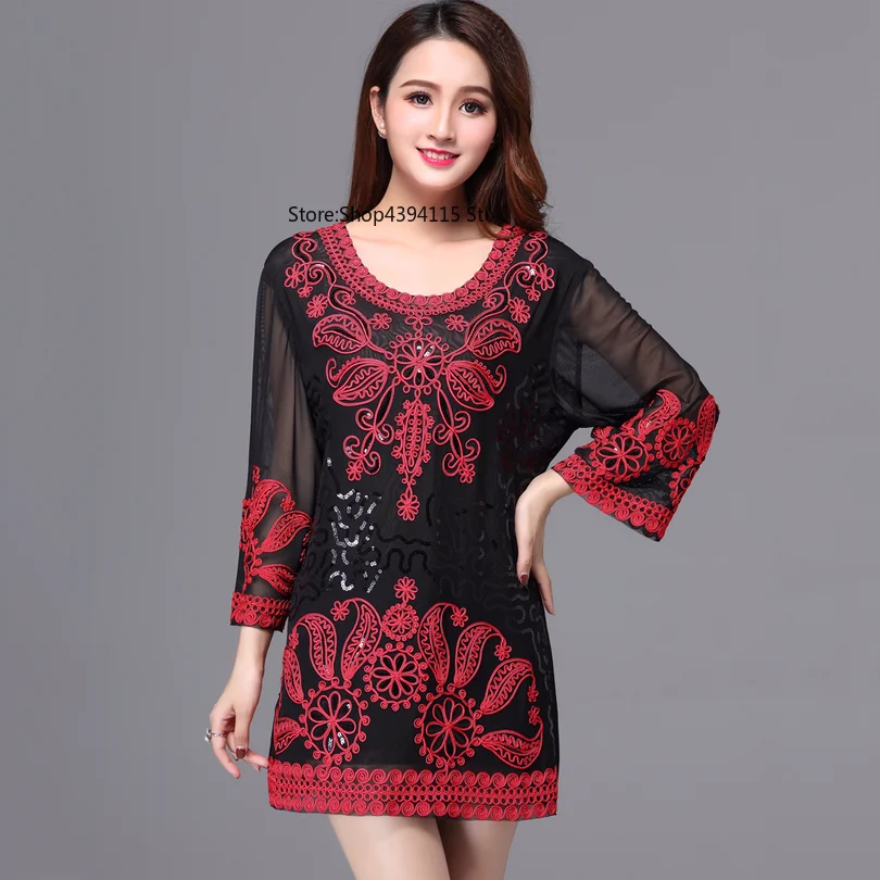Oversize Casual Women Loose Long Tunic Top Color Block Flower Embroidered Sequin Shirt Large Size Summer Holiday |