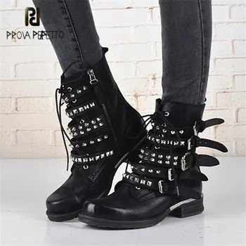 

Prova Perfetto Straps Women Ankle Boots Rivets Studded Genuine Leather Short Botas Autumn Winter Female Platform Rubber Shoes