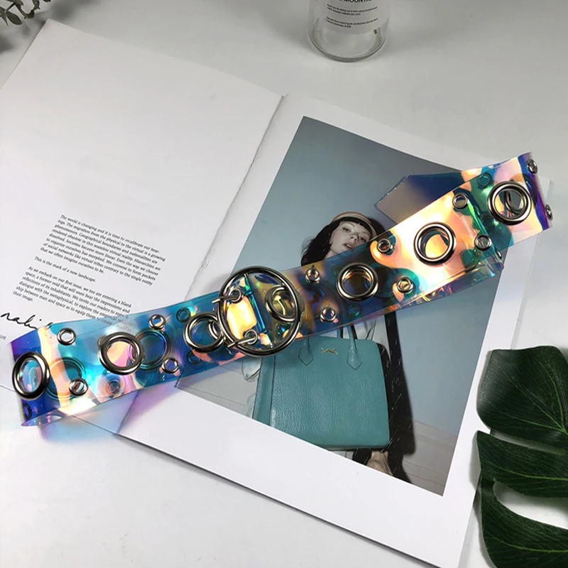 

2018 Summer Silver Double pin buckle belt Ring Pendant PVC Transparent Female Belt Women Casual Fashion Korean Belts accessories