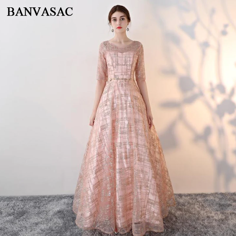 

BANVASAC 2018 Sequined Sash O Neck A Line Long Evening Dresses Elegant Lace Half Sleeve Party Backless Prom Gowns