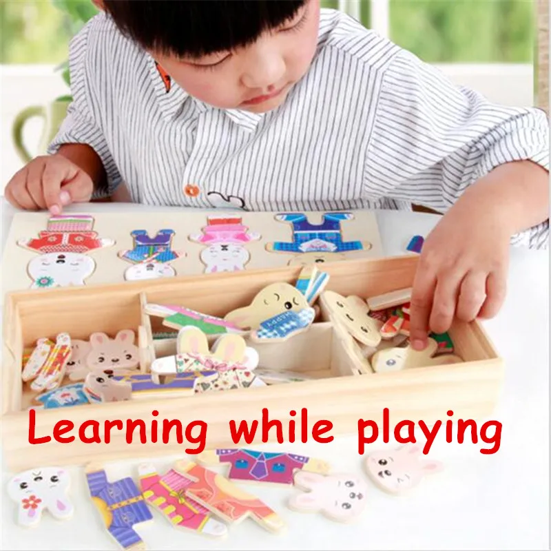 

Puzzles Montessori Educational Dress Changing Jigsaw Puzzle toys for children girl Cartoon Rabbit Change Clothes Wooden Toy