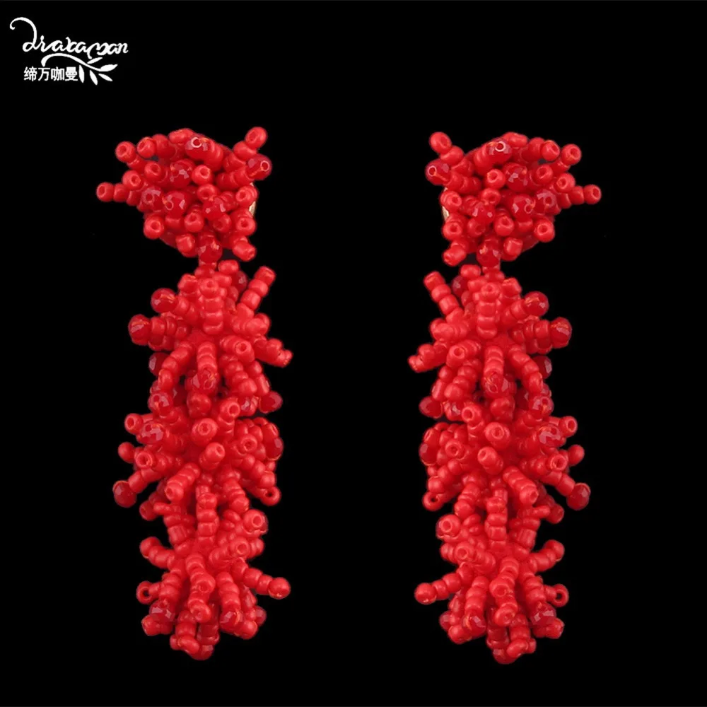 Dvacaman, богемные серьги с красными бусинами и кисточками для женщин, большие висячие серьги с бахромой, длинные висячие серьги, свадебные ювелирные изделия, A9