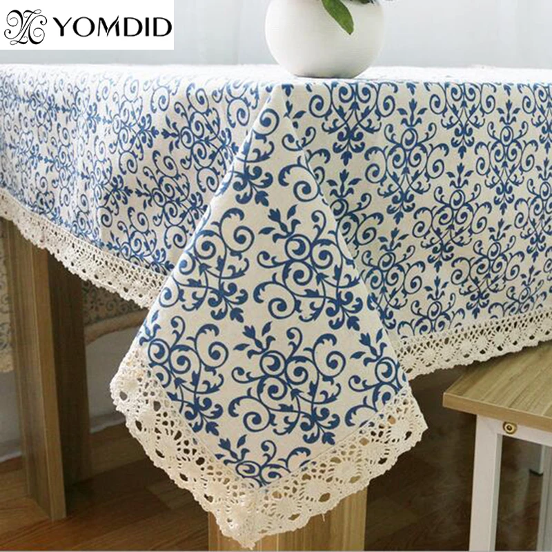 

Blue Flower Retro Lace Tablecloth Chinese Style Cotton Table cloth Rectangular Dinning Table cloth for table Picnic