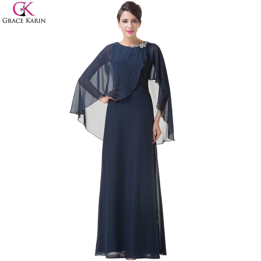 Long Evening Dress Grace Karin Cape Style Chiffon Cloak Navy Blue