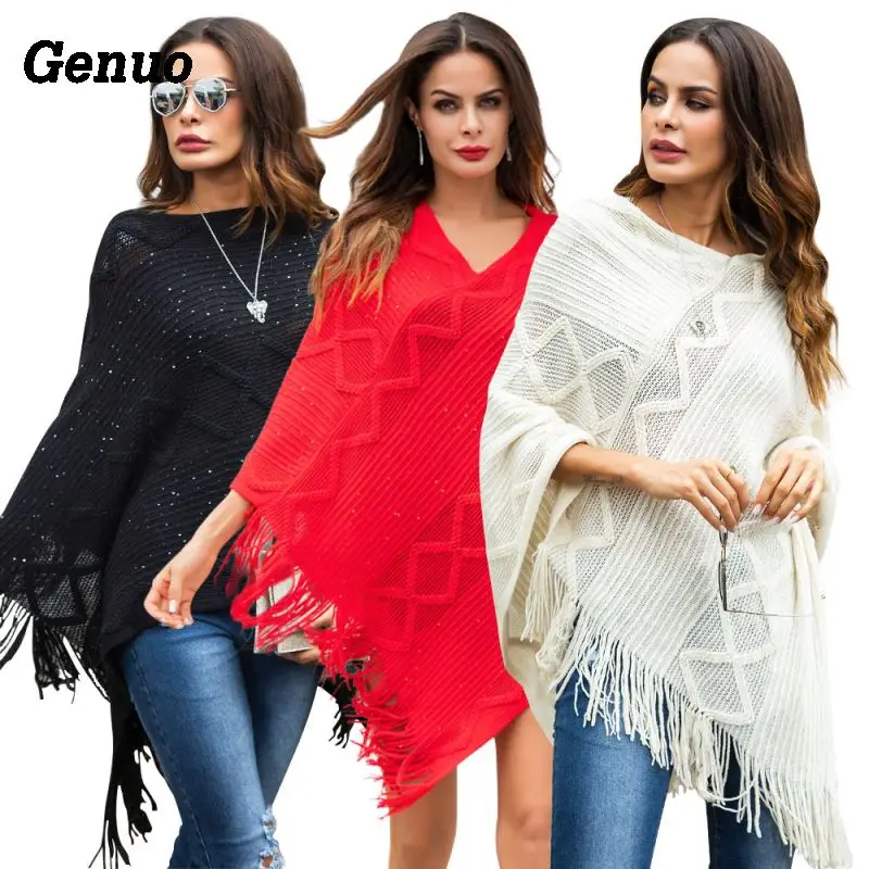 Genuo Women's Knitted Sweater Capes Elegant Sequin Tassel Knit Shawl Cloak Ladies Autumn Geometric Loose Poncho Sweater Pullover