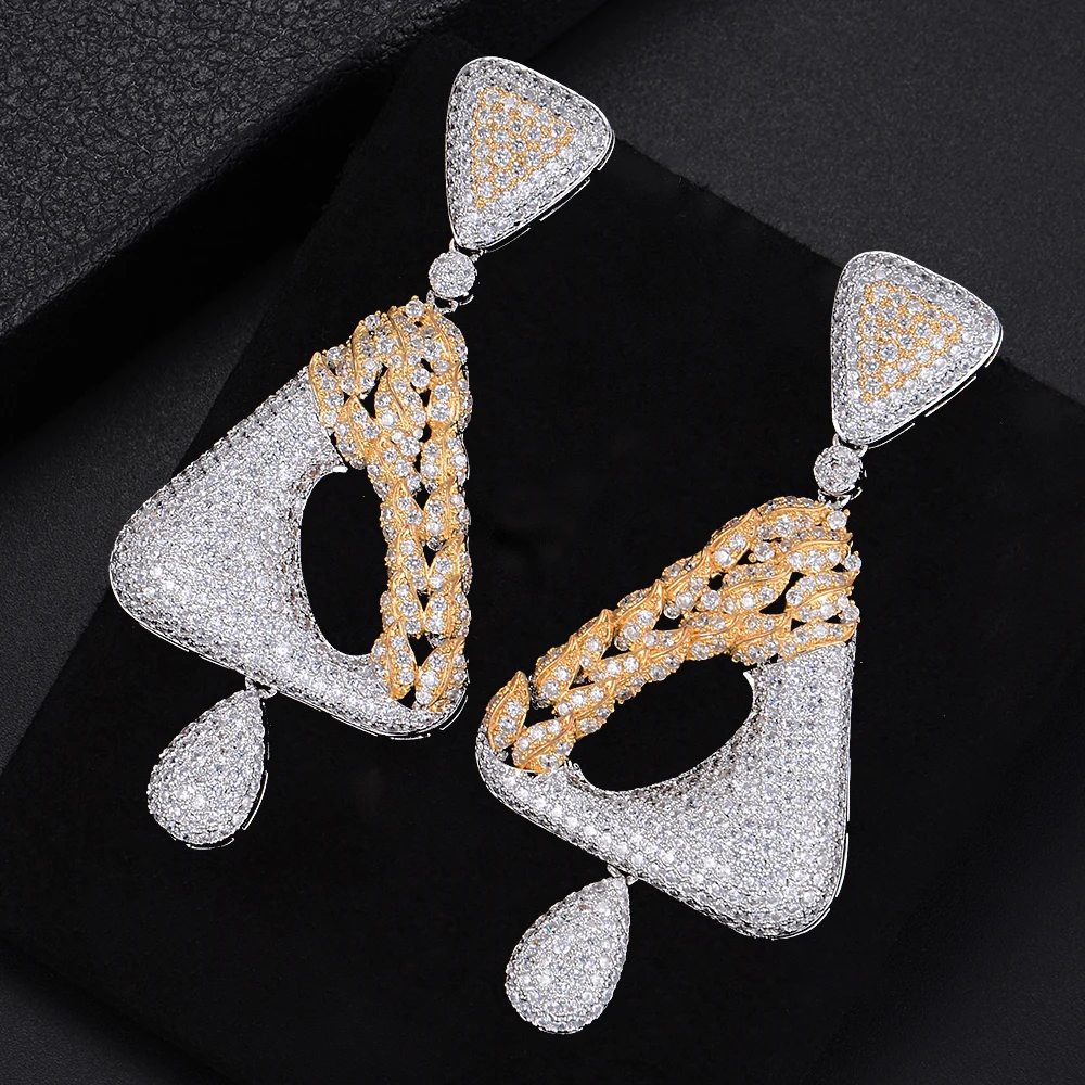 

Luxury Three Colors Geometric Triangle Hollow Drop Full CZ Drop Dangle Earrings For Girls Women Party