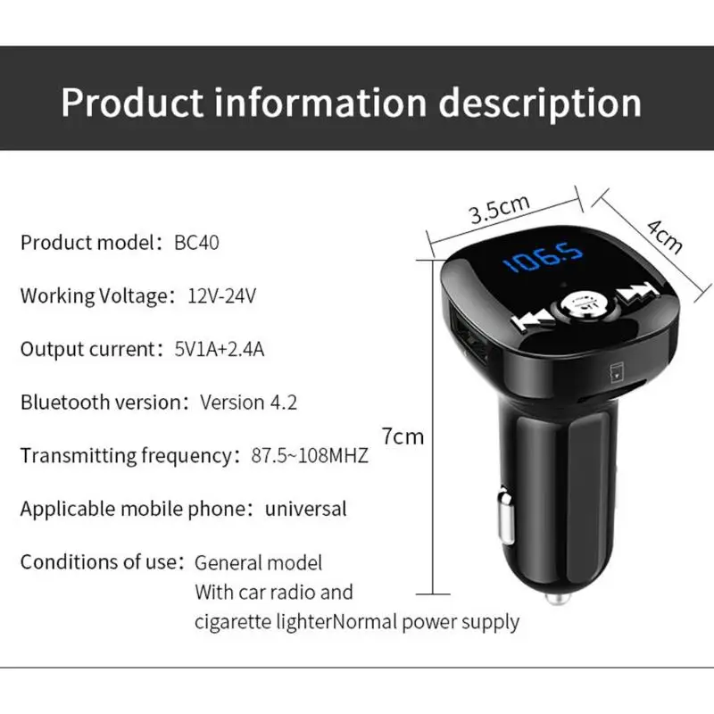 BC40 Bluetooth 4,2, свободные руки, FM передатчик, автомобильный Беспроводной FM модулятор громкой связи Bluetooth гарнитура для MP3 плеер USB Зарядное