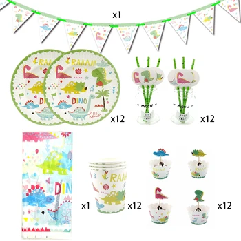 

62 piece Party supplies for 12 kids Dinosaur theme birthday party deco tableware set, plate cup straw banner wrapper topper etc