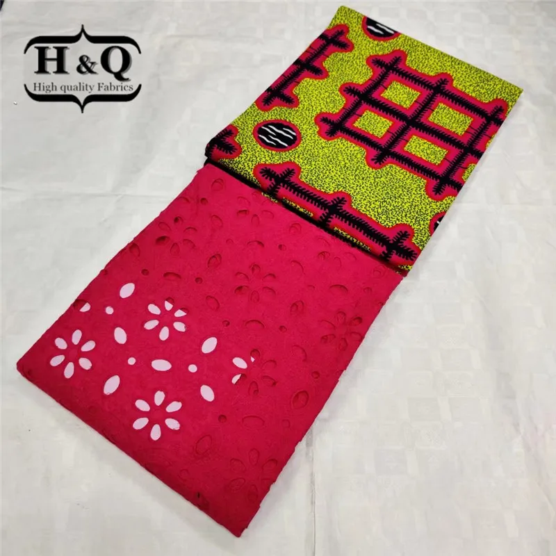 

H&Q Hollow Out Design Red 2Yards Swiss Cotton Lace Fabric Match 3 Yards Fashion Style African Dutch Printing Wax For Garment