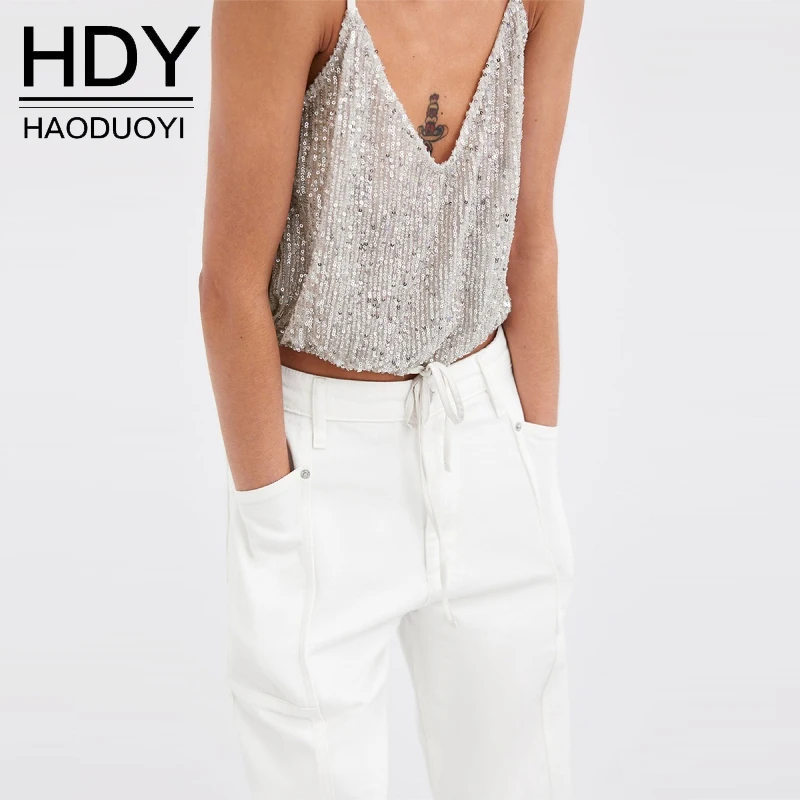 

HDY Summer 2019 Women Tank Crop Tops Short Sexy Club Sequined Camis Spaghetti Strap Tops Silver Sleeveless Vest Shirt