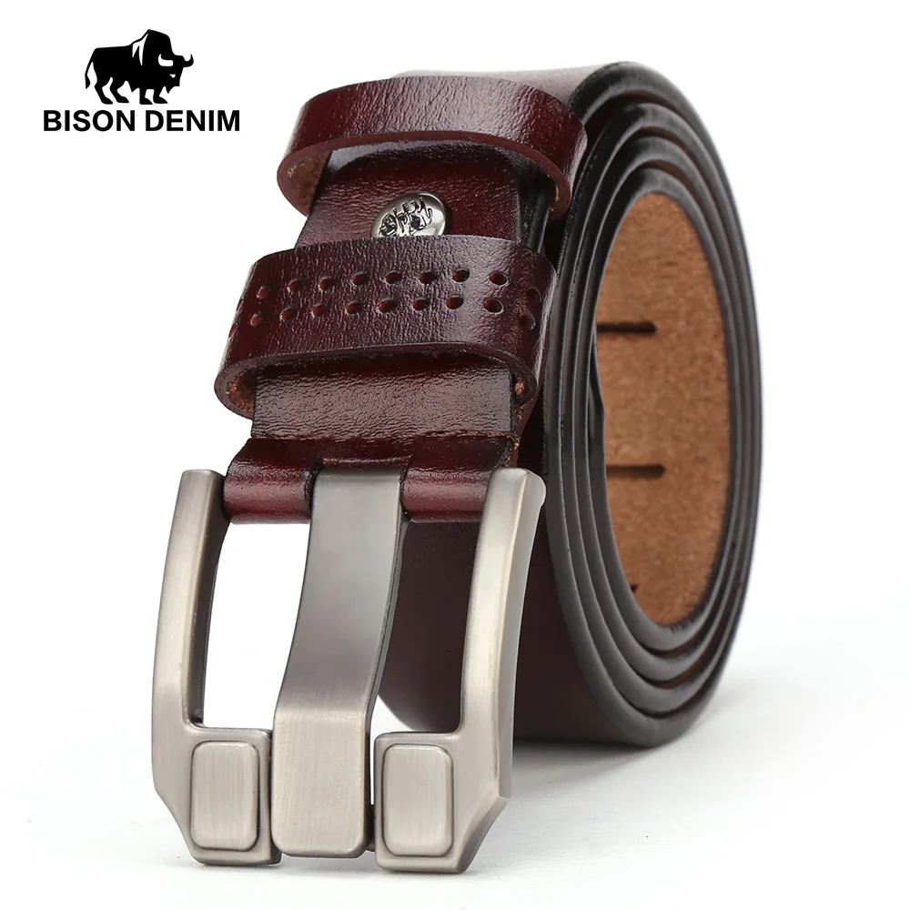 Мужской винтажный кожаный ремень BISON DENIM черный из воловьей кожи с классической