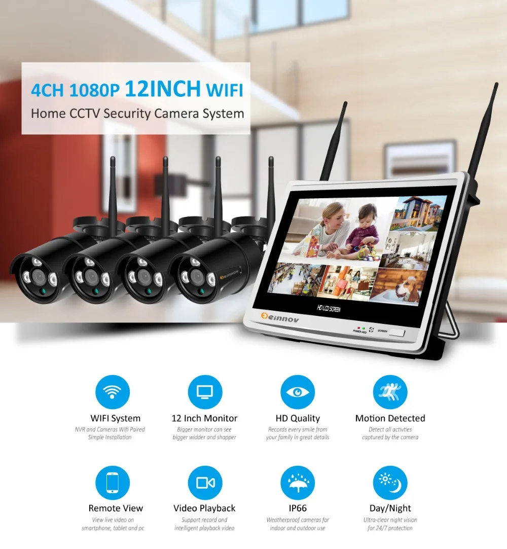 Einnov 4CH 2MP 1080 P HD 12 дюймов ЖК дисплей комплект CCTV NVR Wi Fi Наружного видеонаблюдения IP