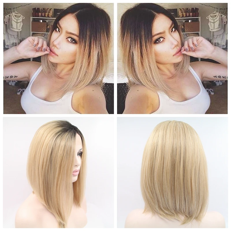 

Silky Straight blond black root Glueless Lace front Wigs Brazilian Lace Front Wig For Black Women Bob Wig