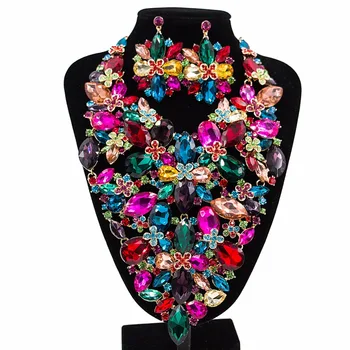 

High Quality Gold Color Nigerian African Beads Wedding Bridal Jewelry Set for Women Clear Crystal Flowers Necklace Earring Set
