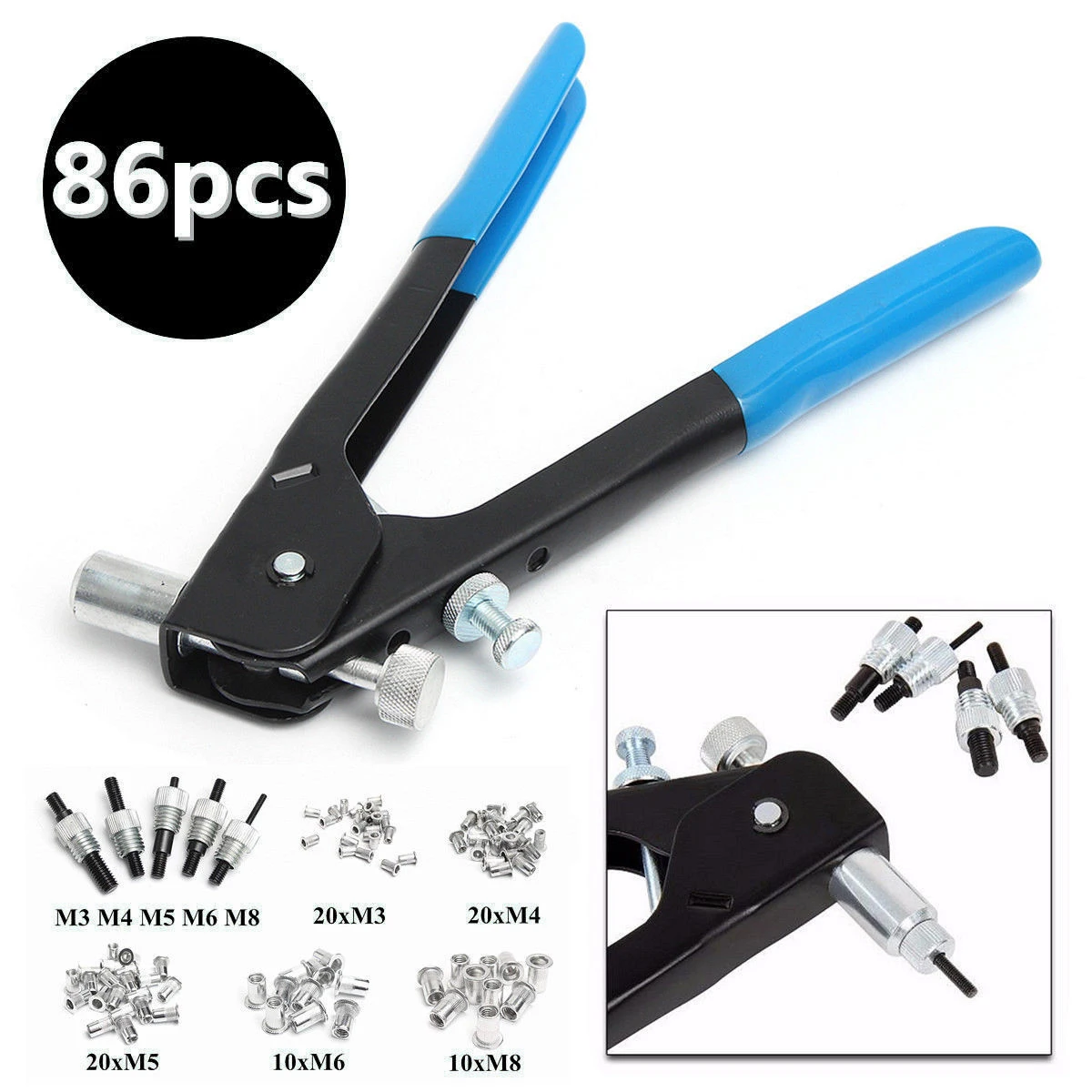 

86pcs M3-M8 Threaded Nut Rivet Insert Tool Riveter Nut Riveting Kit