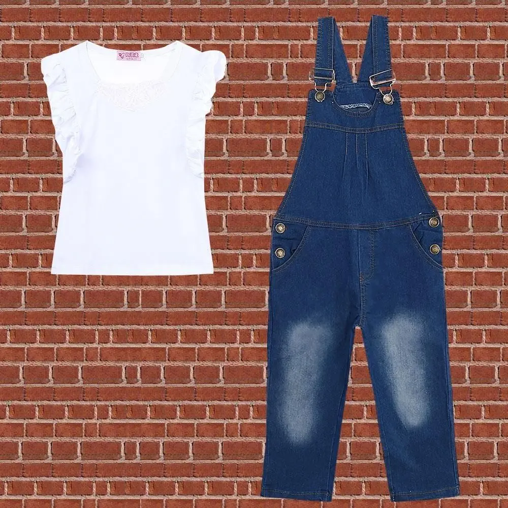 

2017 Hot 2PCS Girls Suit Outfit Baby Kids Summer Sets Top Pants Bib Jeans set 2-7Y