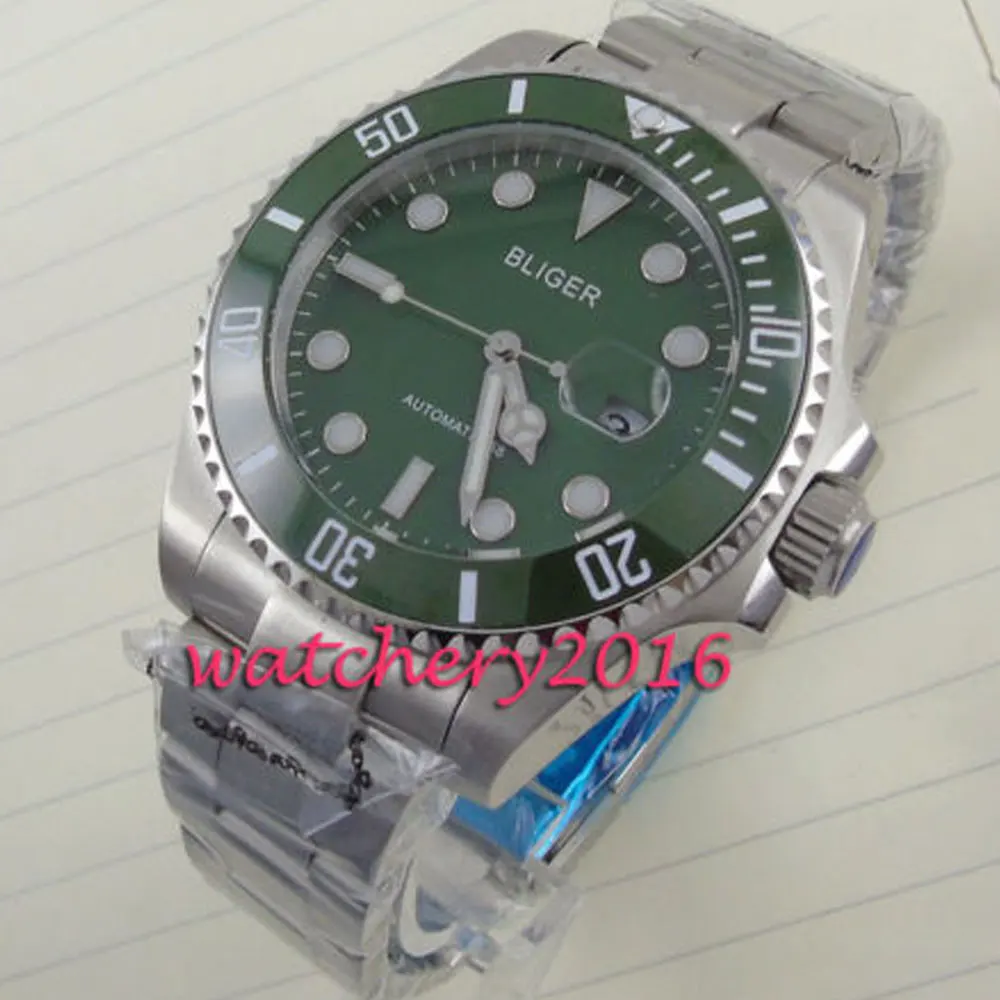 

40mm Bliger green dial ceramic bezel polished case sapphire glass New automatic self-wind movement Men's Mechanical Wristwatches