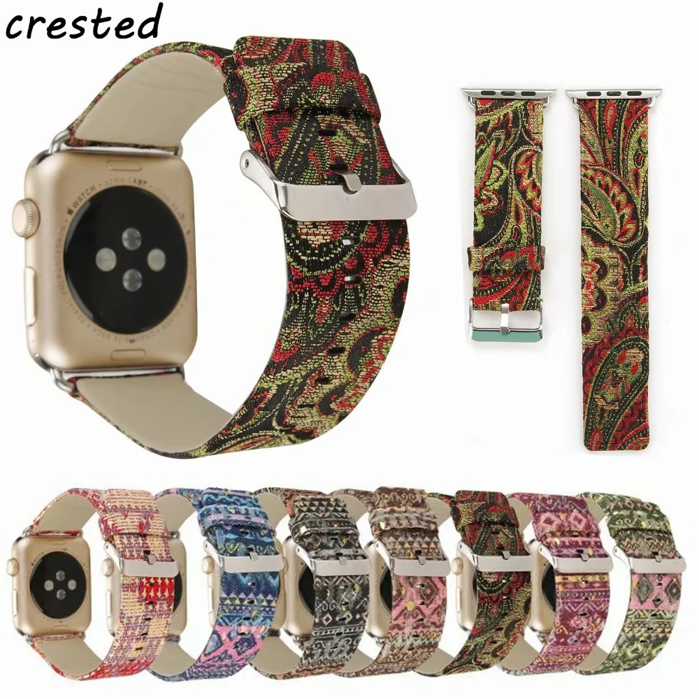 

CRESTED leather watch strap for apple watch band 42/38mm national wind wrist watchband for iwatch 1/2/3+stainless steel aadapter