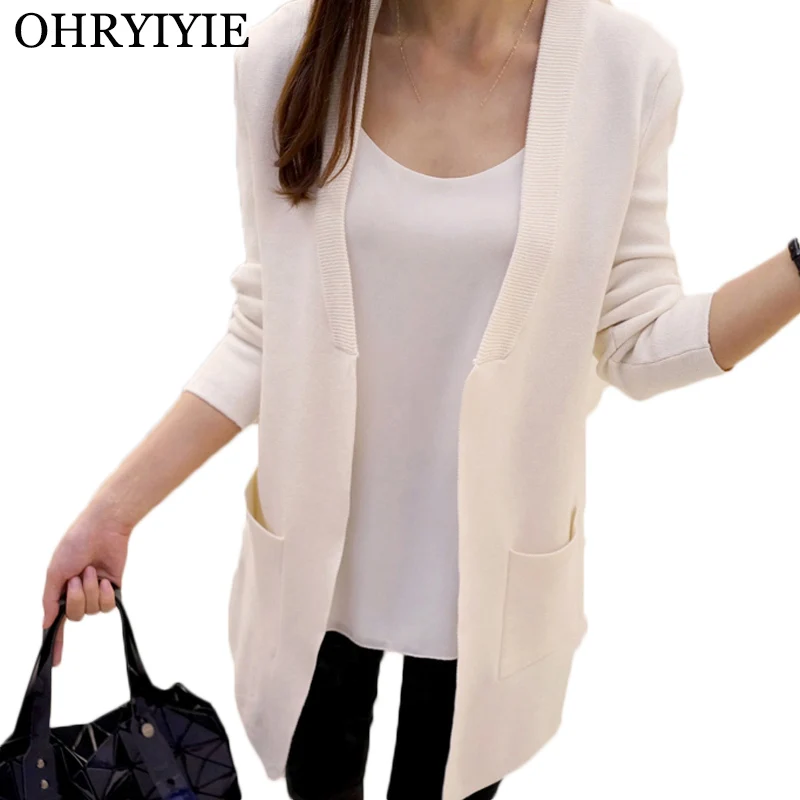 

OHRYIYIE Women Spring Autumn Long Cardigan Sweater 2019 New Fashion Female Elegant Pocket Knitted Outerwear Sweater Cape Tops