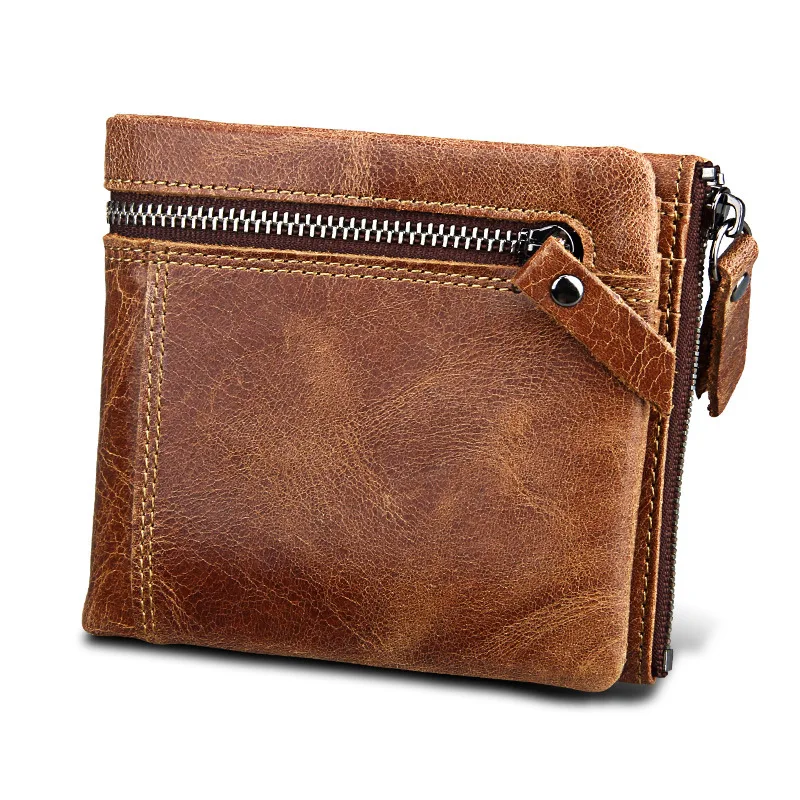 

Crazy Horse Genuine Leather Men Wallets Credit Card Holders Double Zipper Cowhide Leather Wallet Purse Carteira popular FGS315