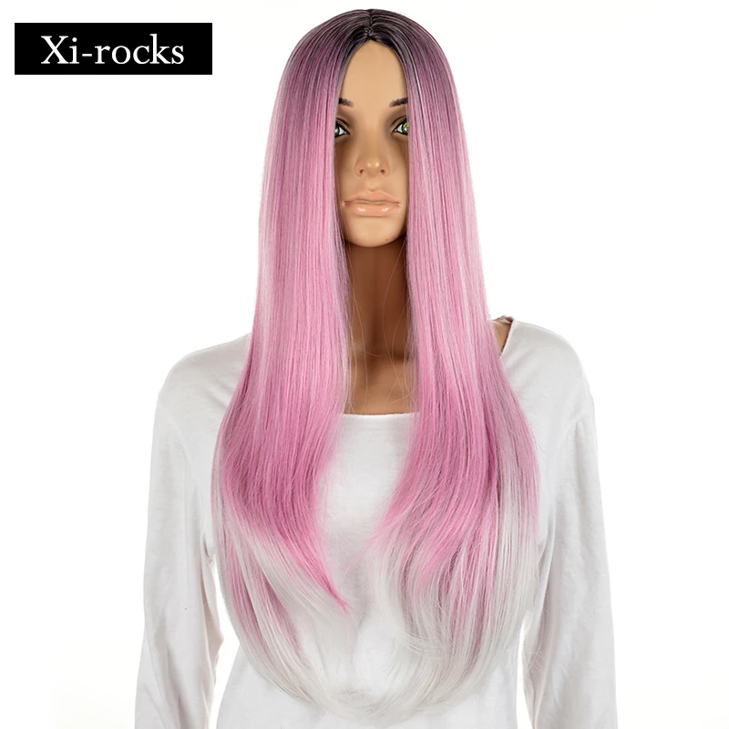 

Xi.rocks 27inch Light Pink Long Wavy Synthetic Hair Ash Purple Roots Ombre Wig Party Glueless Cosplay wigs 3078