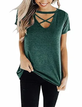 

2019 Spring And Summer V Neck Chest Crossing Bandage Solid Color T Shirt Women
