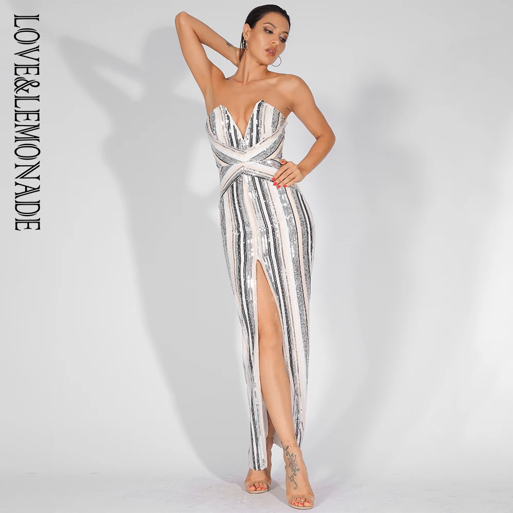 

Love&Lemonade Sexy V-Neck Color Striped Sequins Bodycon Long Dress LM81555