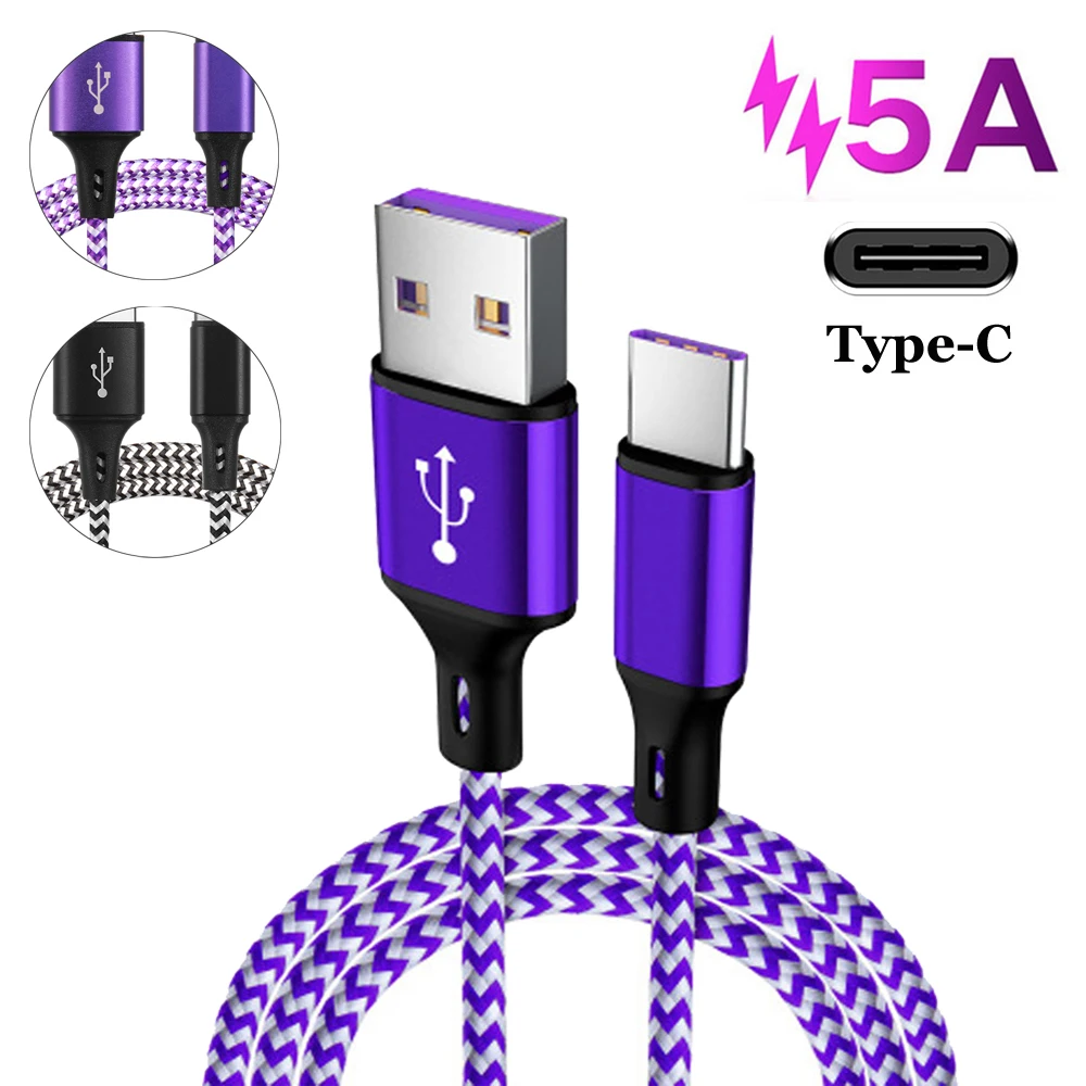 Черный/Фиолетовый 5A Тип C зарядный кабель с разъемом usb-c для быстрой зарядки передачи и синхронизации данных шнур нейлон Зарядное устройство кабель для samsung S9 S10 Xiaomi huawei