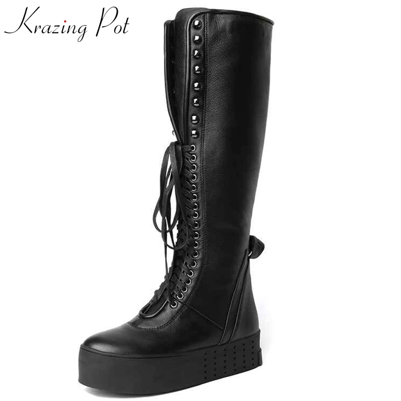 

Krazing Pot 2018 full grain leather Chelsea boots wedges platform luxury metal rivets-studded black color knee high boots L08