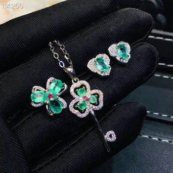 شراءالطبيعي الأخضر الزمرد قلادة عصابة الأقراط الأحجار الكريمة الطبيعية طقم مجوهرات S925 الفضة الأزياء مفتاح زهرة النساء حزب هدية مجوهرات