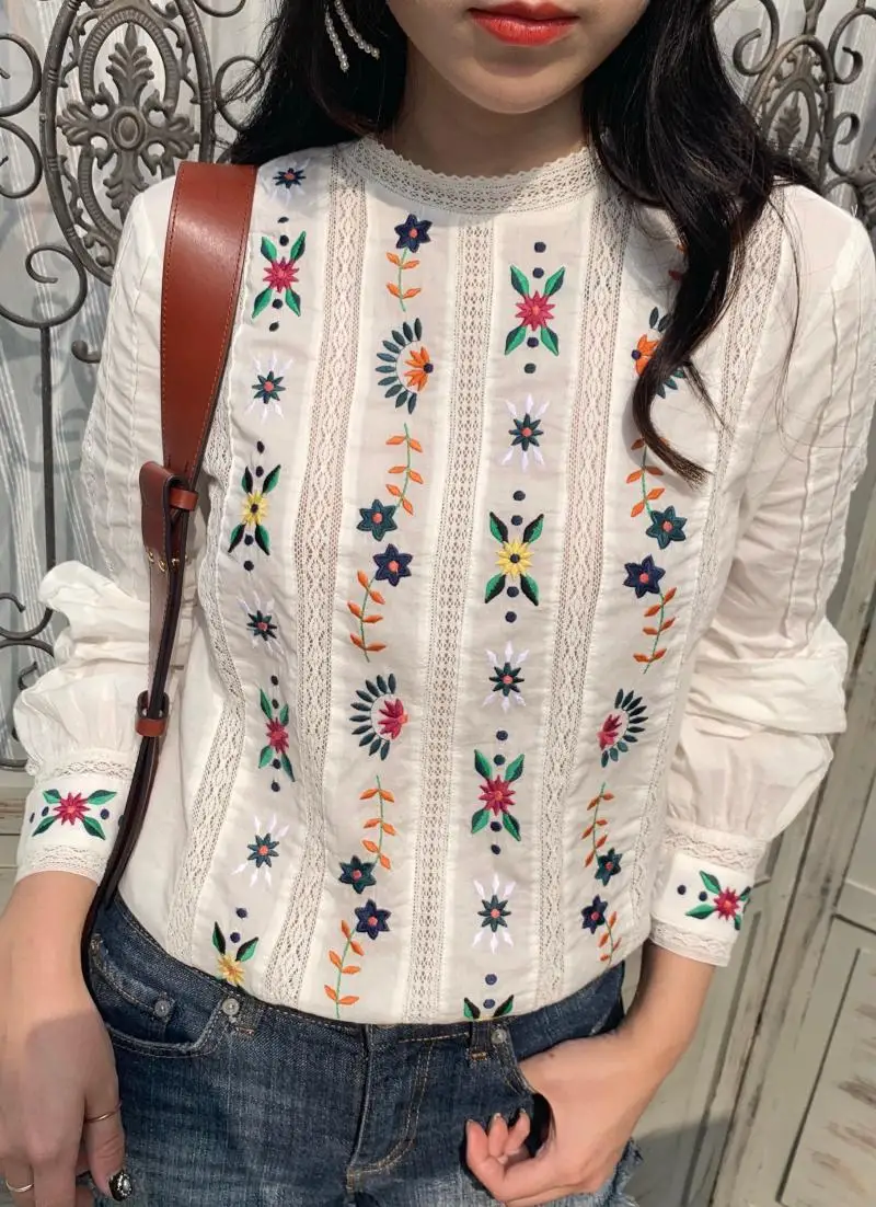 

Women Cotton Flower Embroidered Lace Patchwork Hollow Out Blouse Top With Long Sleeves & Back With Peep Hole Button Closured