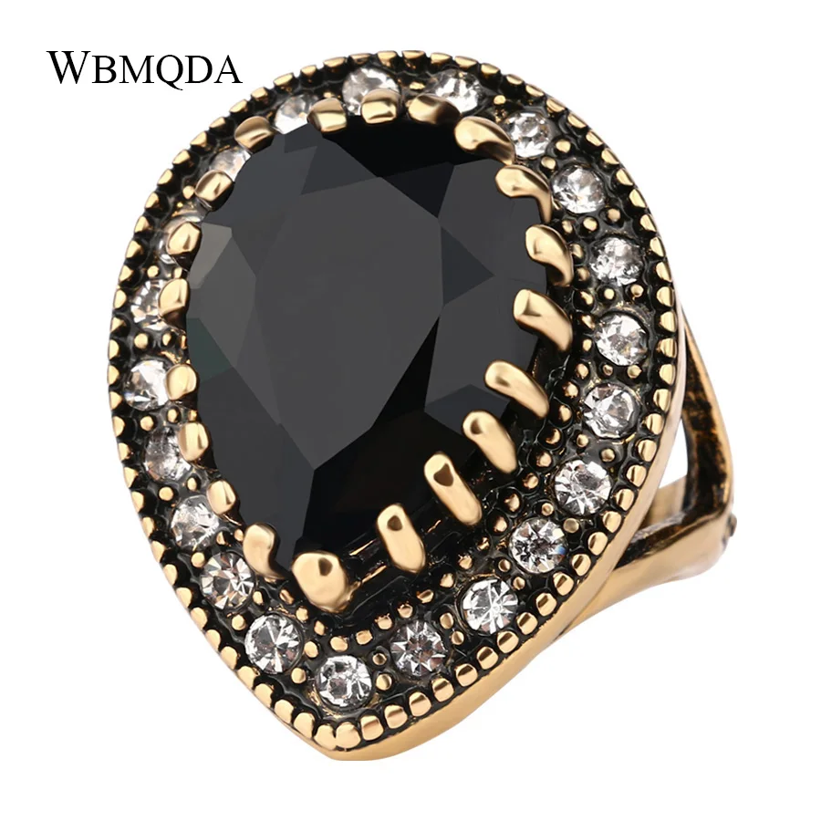 

2018 Boho Big Black Stone Ring Antique Gold Mosaic Crystal Turkish Jewelry Vintage Red Wedding Rings For Women Accessories