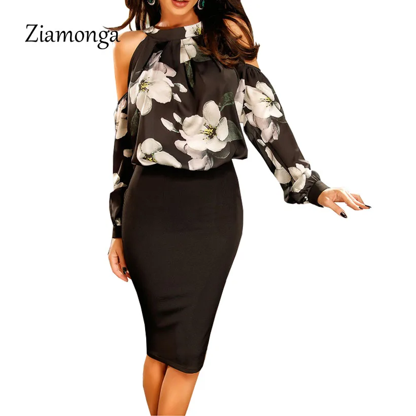

Ziamonga Elegant Off Shoulder Floral Printed Chiffon Dress Women Vintage Office Bandage Dress Autumn Sexy Evening Party Dresses