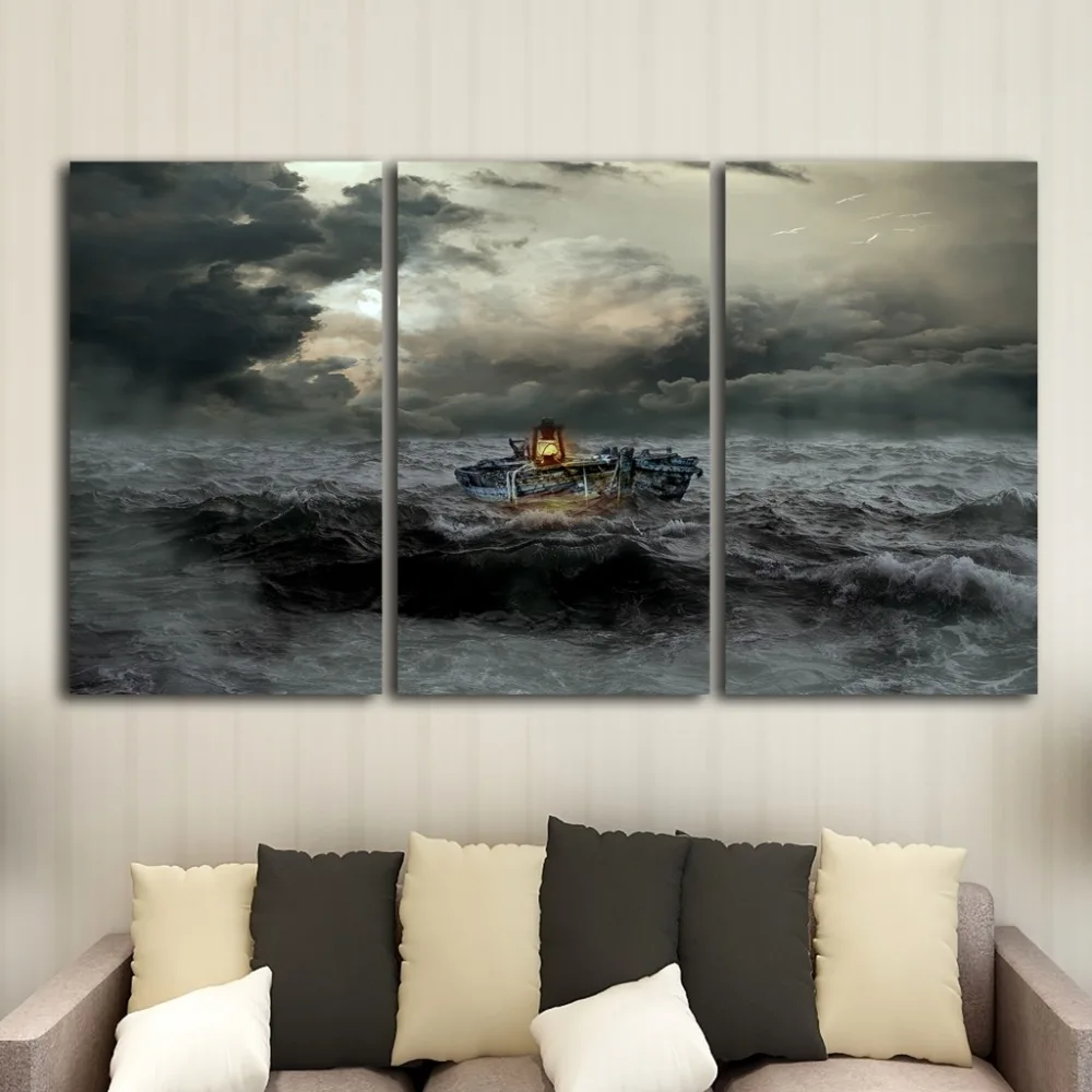 

Canvas home decoration painting modular HD printing 3 lonely ship living room mural digital painting posters