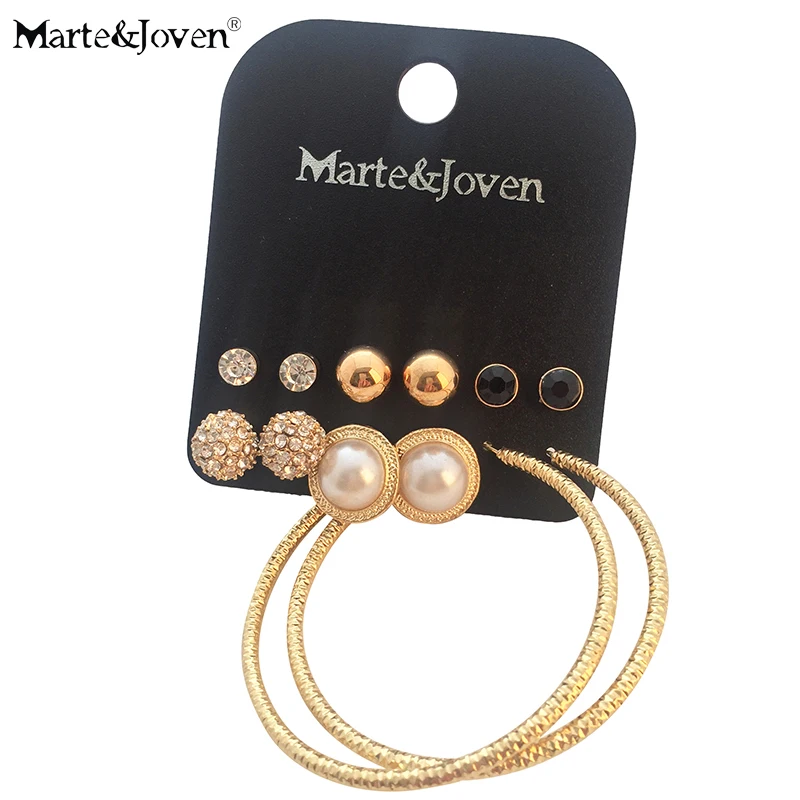 

Marte&Joven 6 Pair/set Rhinestone Ball Earrings Mix Circle Hoop Earrings Set for Women Gold Color Fashion Accessories Girl Gifts