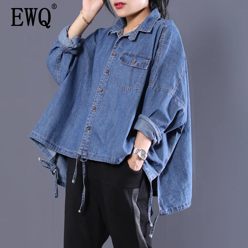 

[EWQ] 2019 Spring Autumn New Pattern Turn Down Collar Long Sleeve Denim Patchwork Single Breasted Vintage Shirt Women AG76705